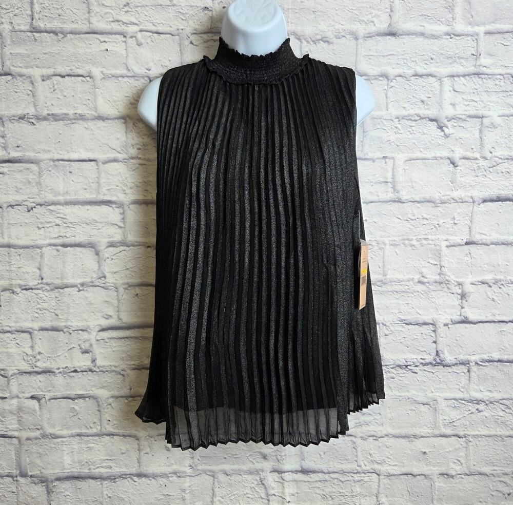 NWT Nanette Lepore Medium Black Metallic Sleeveless Accordion Pleat Blouse